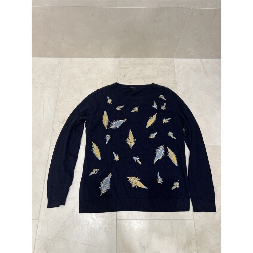 Talbots Sweater Large L Navy Blue Yellow Feather Embroidered Crew Neck